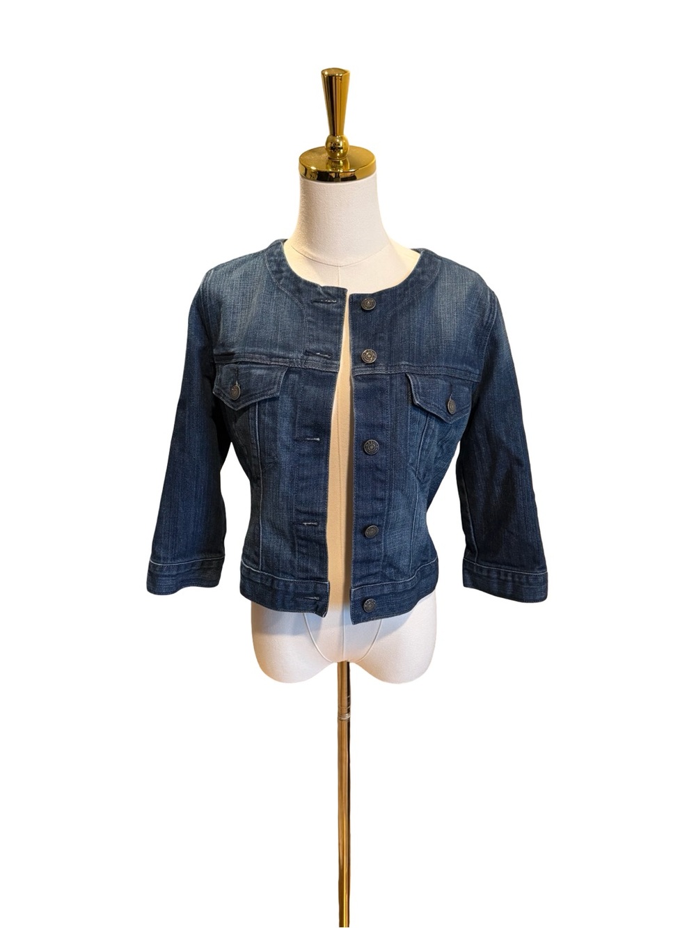 Y2K Old Navy Women's Dark Blue Collarless Denim Jacket